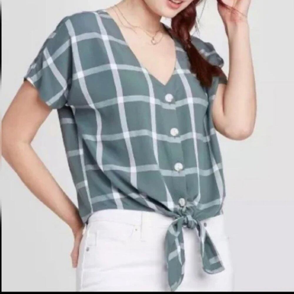 Universal Thread Green White Plaid Button Up Tie … - image 2